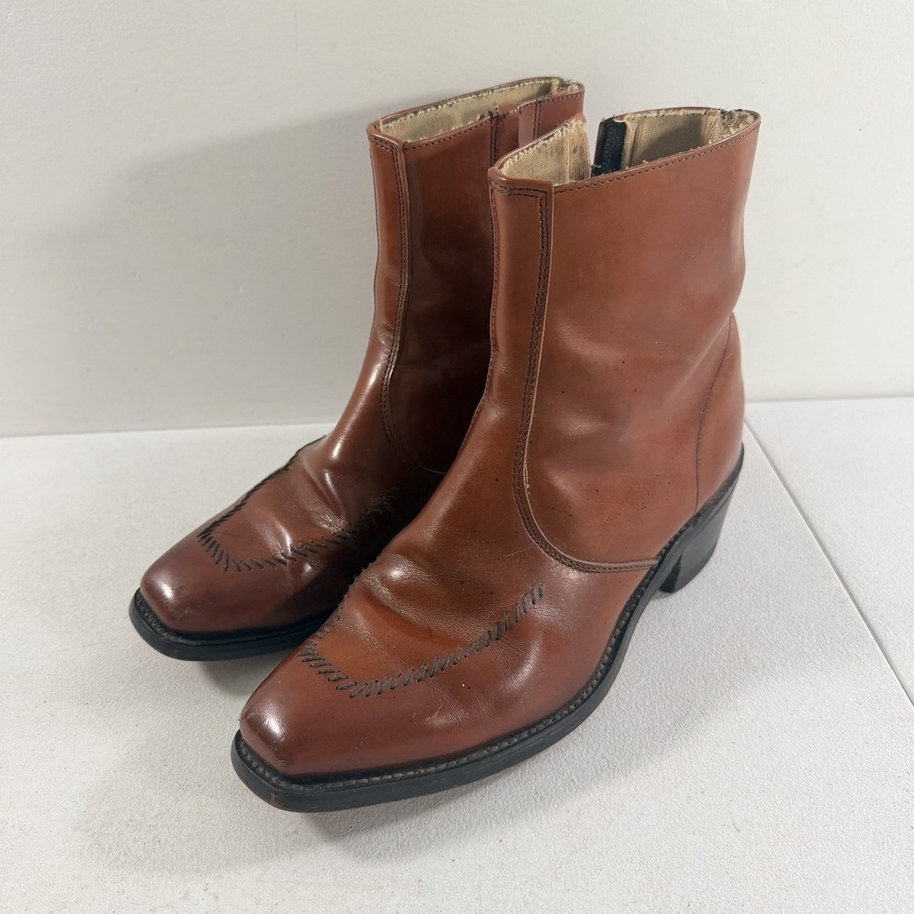 Vintage Wrangler Chestnut Brown Leather Beatle Boots Size Zip Western Mens 9 D